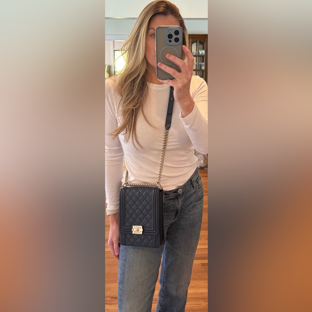 Chanel North South Boy Bag Midnight Blue Quilted Crossbody Bag Champagne Hardwar - Picture 11 of 15